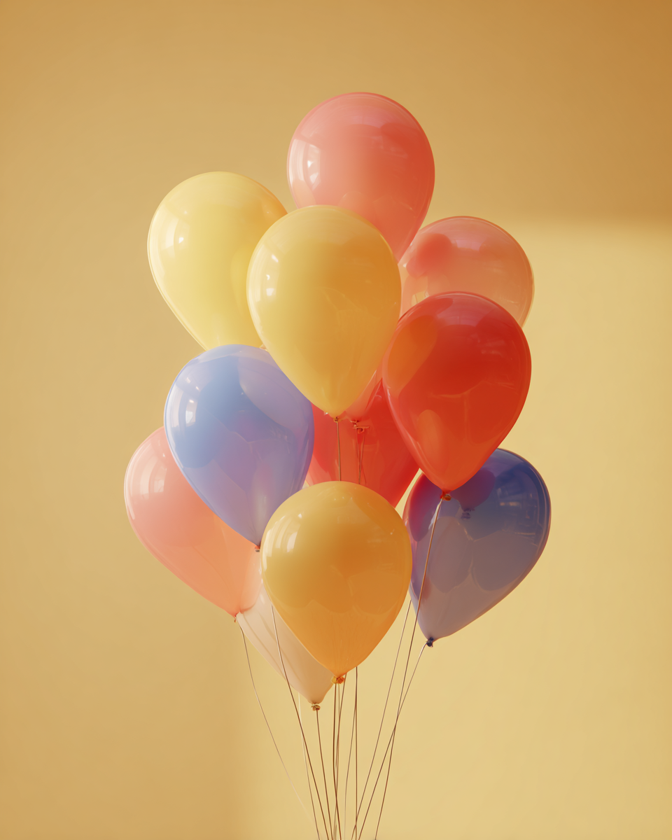 Bukett färgglada ballonger som svävar mot en varm gul bakgrund.