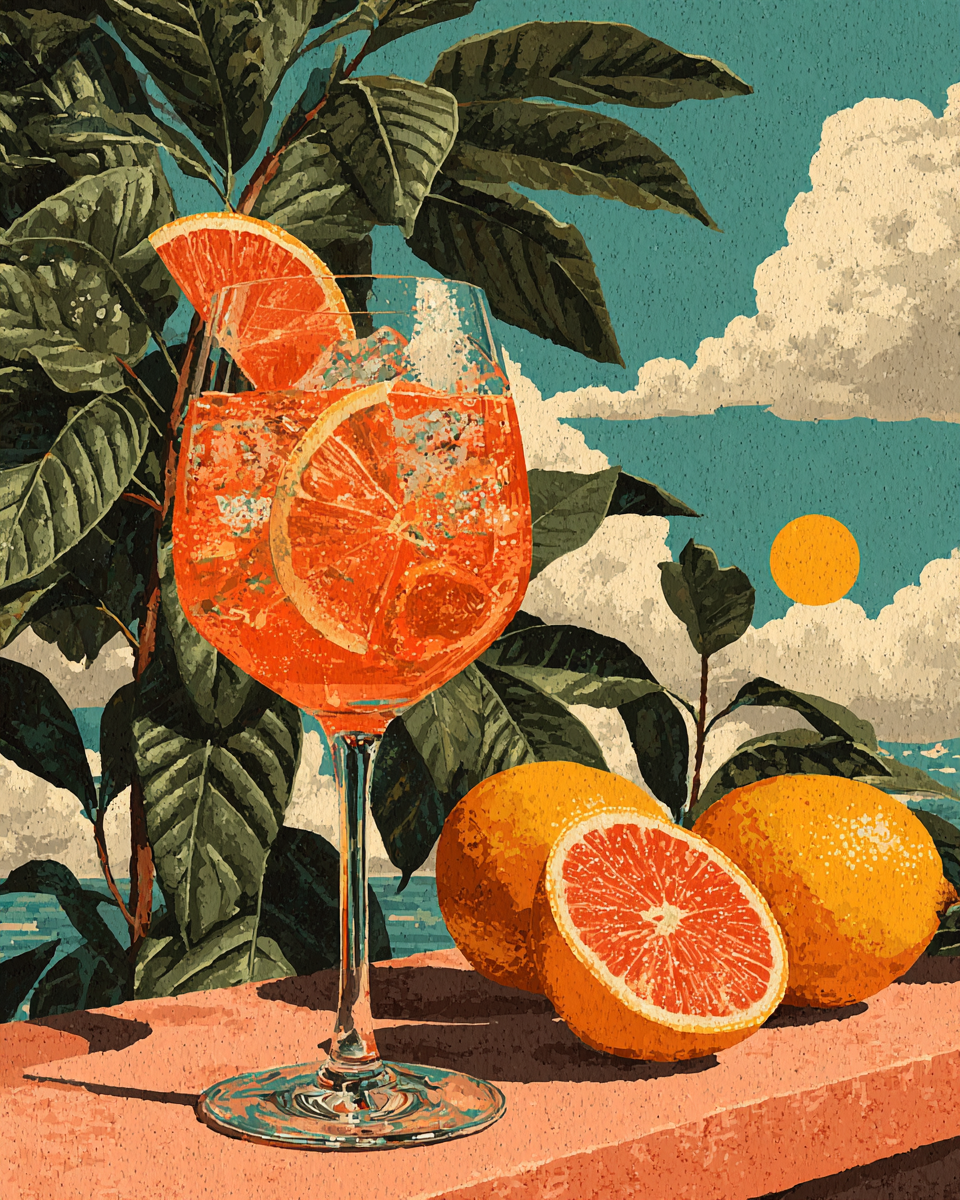 Illustrerad poster med aperolglas, citrusfrukter och frodig grönska mot himmel.