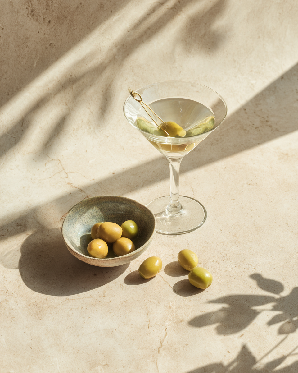 Solbelyst poster med martini och oliver i grafiska skuggor över varm kalksten.
