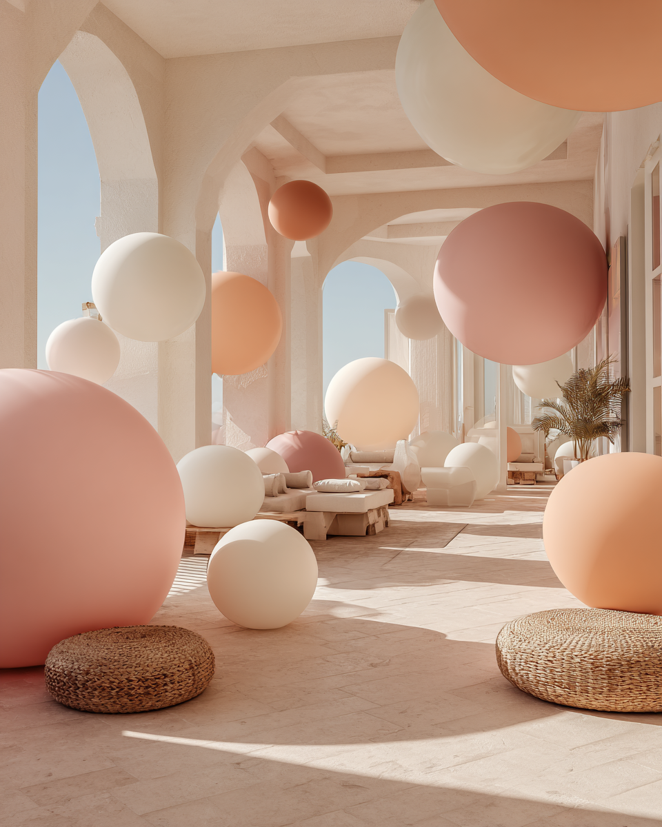 Överdimensionerade pastellballonger svävar i en solbelyst boutiquehotell-lounge vid Medelhavet.
