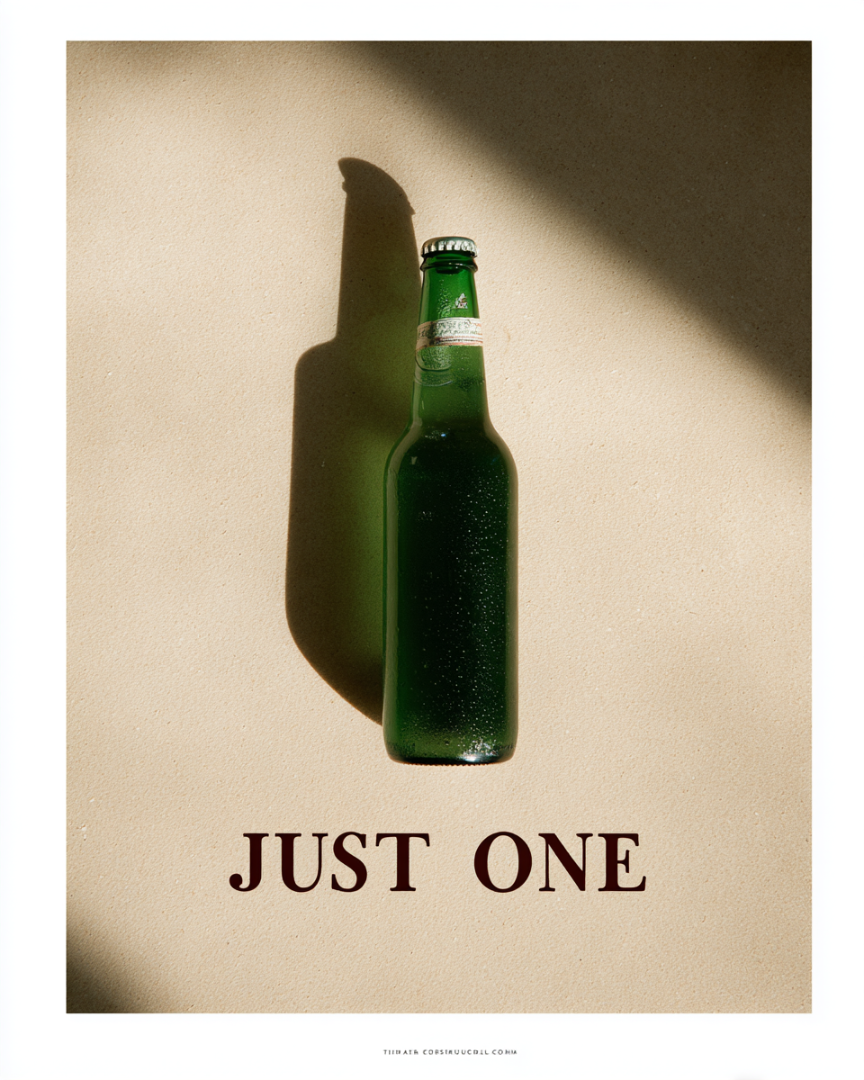 Minimalistisk poster med grön glasflaska i varm skugga och texten Just One.