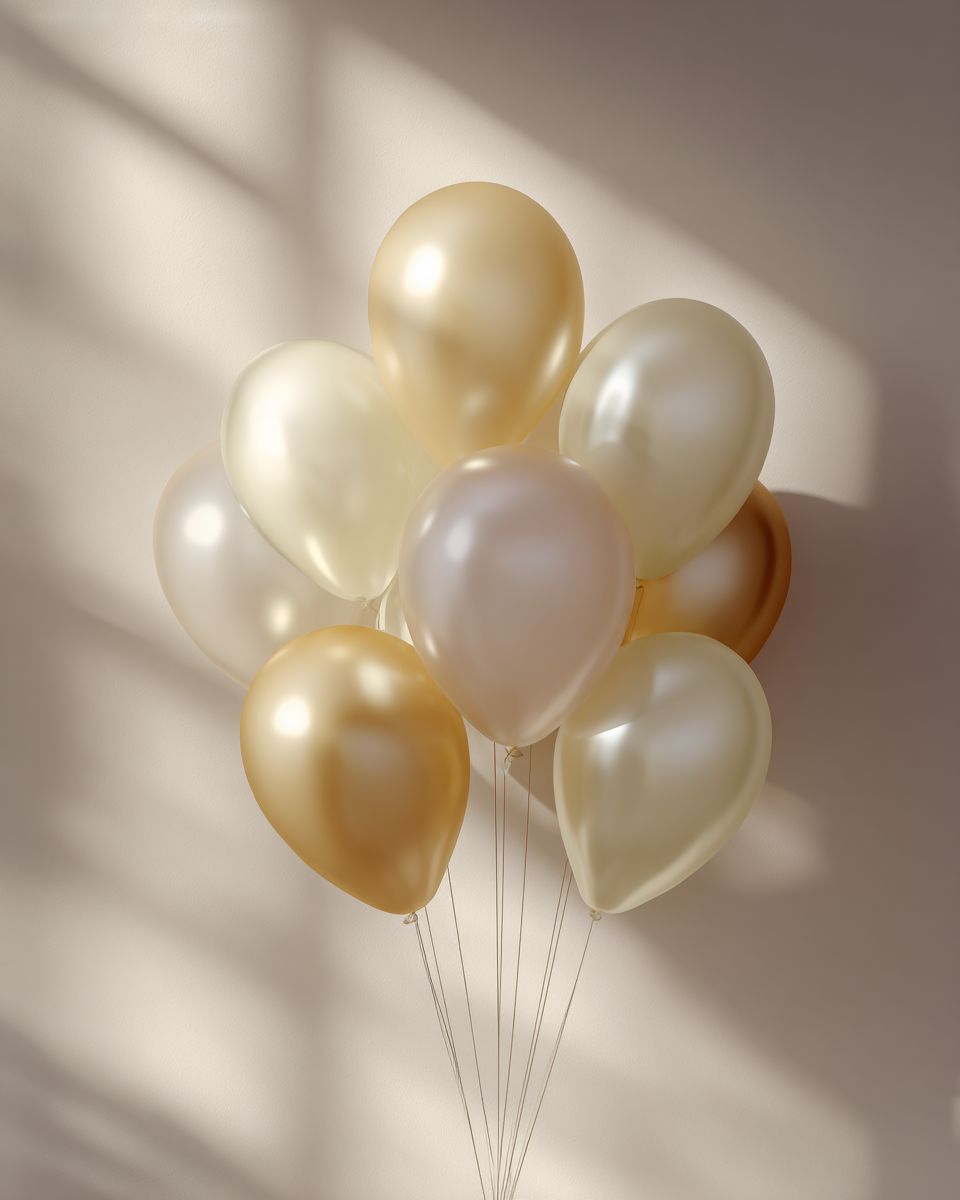 Bukett av gyllene och cremefärgade ballonger i solstrimmor mot varm vägg.